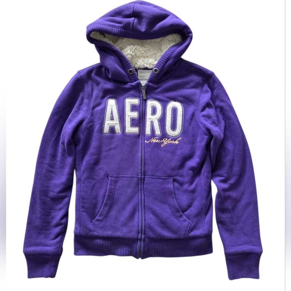 VTG Y2K Aeropostale Faux Fur Lined Zip Up Hoodie Women's Medium Purple 2009 Cozy
